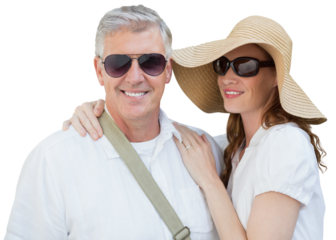 Digital png photo of happy caucasian couple with sunglasses and sun hat on transparent background