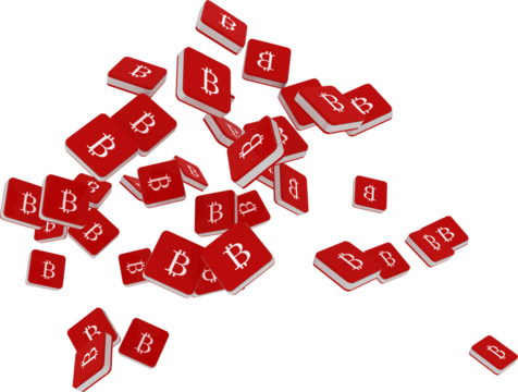 Digital png illustration of red tags with bitcoin signs on transparent background