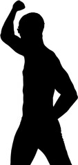 Digital png silhouette of male swimmer raising fist on transparent background