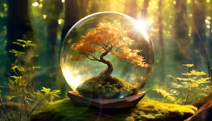  Close-up of a glass globe with a small maple bonsai tree inside and reflecting the surrounding forest. Environment, sustainable resources and save the planet concept. © Alberto Masnovo