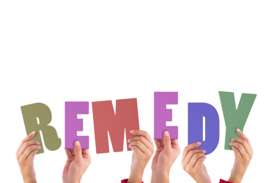 Digital png illustration of hands and remedy text on transparent background