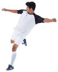 Digital png photo of focused latino football player kicking on transparent background