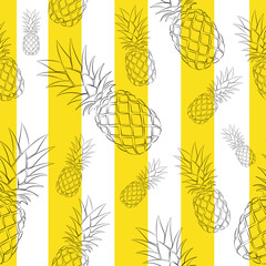 Vector seamless pattern with vertical yellow lines and contour pineapples on a white background.
