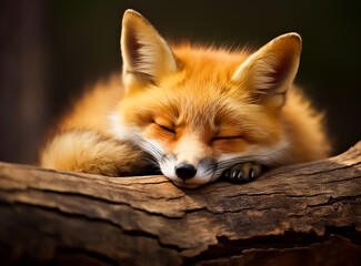 Fototapeta premium A cute fox sleeping in the woods in the middle of green leaves, 
