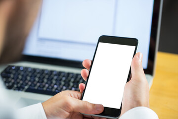 Digital png photo of hands of businessman with smartphone with copy space on transparent background