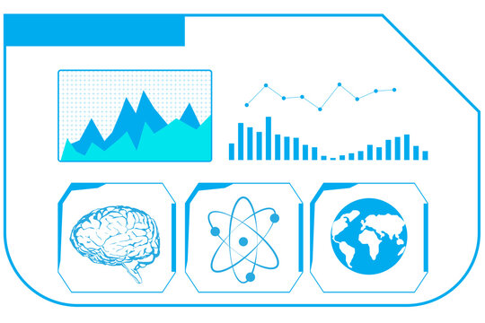 Digital png illustration of blue screen with brain, earth and graphs on transparent background