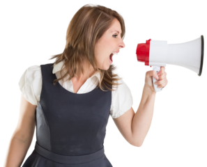 Digital png photo of caucasian businesswoman screaming through megaphone on transparent background