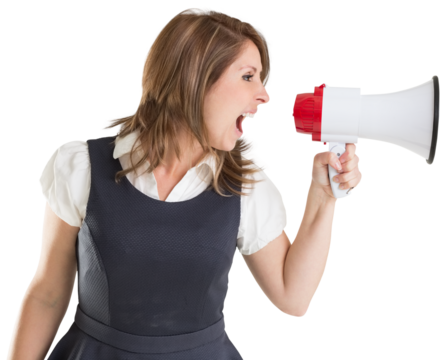 Digital png photo of caucasian businesswoman screaming through megaphone on transparent background