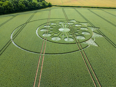 A crop circle, crop formation, or corn circle is a pattern created by flattening a crop.  Hampshire. UK.  Aerial view