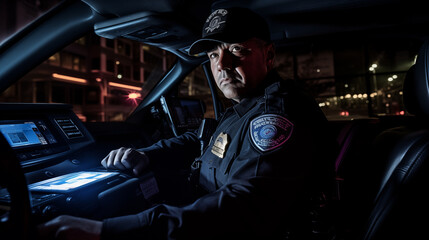 Fototapeta na wymiar Portrait of police officer driving his squad car. Generative AI