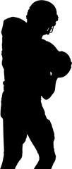 Digital png silhouette of american rugby player with ball on transparent background