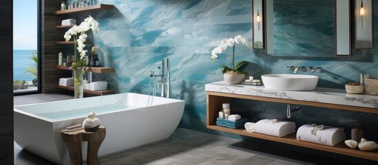 The expert designer carefully chose a soothing sea-inspired wallpaper, rendering a spa-like bathroom concept with its intricate marine textures and gentle waves, mimicking the vastness of space, while