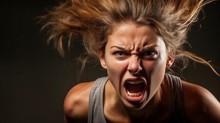 Portrait of emotional furious woman screaming. Generative AI - obrazy, fototapety, plakaty
