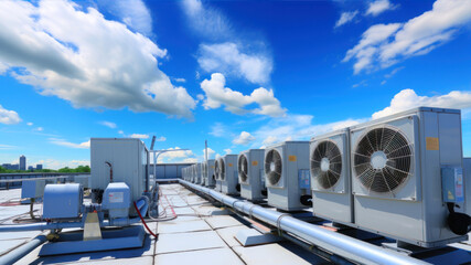 Naklejka premium Air conditioner air compressor system on blue sky and white cloud background