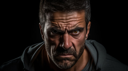 Fototapeta premium Portrait of angry man face grimacing with hatred. Generative AI