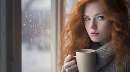 Beautiful model in cozy clothing looking outside the window to a winter scene with a cup of hot coffee