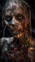 Fototapeta premium Generative ai closeup portrait of woman zombie with creepy horrible face