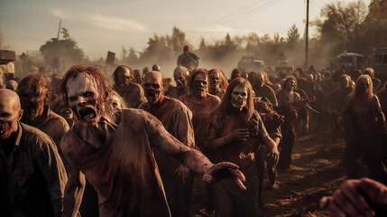 Large crowd of zombies running and screaming, generative AI