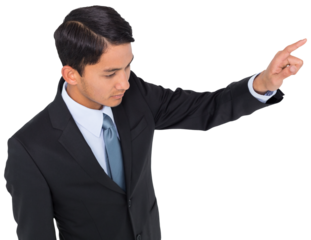 Digital png photo of serious biracial businessman pointing finger on transparent background