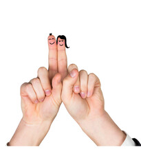 Digital png illustration of hands with smiley puppets couple on transparent background