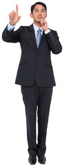 Digital png photo of pensive biracial businessman pointing finger on transparent background