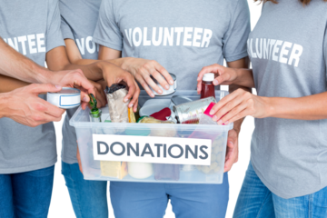 Digital png photo of group of volunteers putting things in donation box on transparent background
