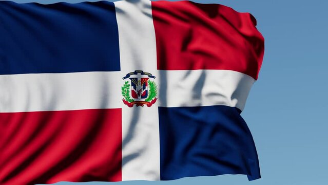 Close-up of the national flag of Dominican republic flutters in the wind on a sunny day , 4k slow motion