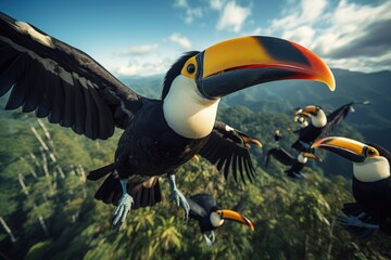 Naklejka premium A group of Colorful hornbill bird flying in sky above forest mountain