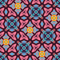 JPEG pink, blue, burgundy and yellow retro geometric maximalist seamless pattern.  Perfect for fabric, wallpaper, textiles, soft furnishings, interior design, home decor, scrapbooking and more.