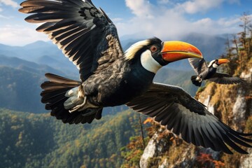 A group of Colorful hornbill bird flying in sky above forest mountain