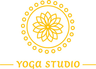 Digital png illustration of yellow flower in circle and yoga studio text on transparent background