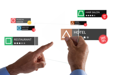 Digital png illustration of man's hands with search engine windows on transparent background