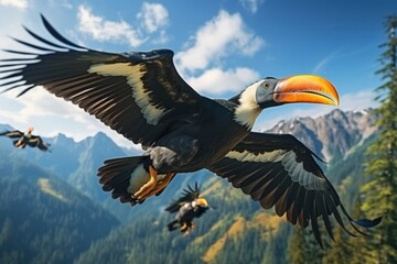 A group of Colorful hornbill bird flying in sky above forest mountain
