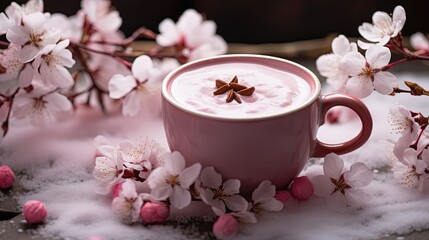 Obraz na płótnie Canvas a cup of pink chocolate drink topping with star anise spice, with cherry blossom branch, romantic fairytale atmosphere, generative Ai