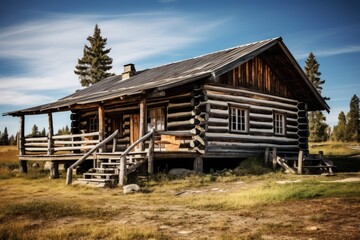 A rustic style house made from large pine logs.