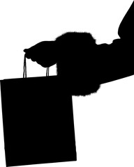 Digital png silhouette of hand of woman in santa clothes holding gift bag on transparent background