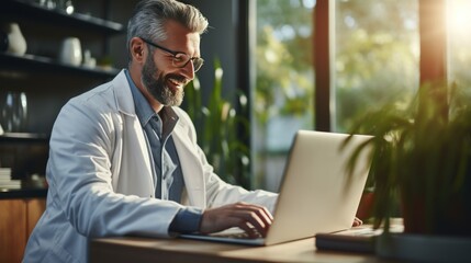 Doctor making video call using zoom meeting online app via laptop computer in medical office.