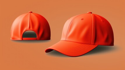 Set of red front and side view hat baseball cap on transparent.