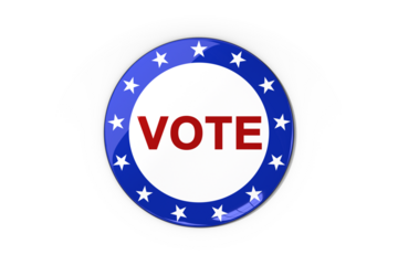 Digital png illustration of vote text on white and blue badge on transparent background