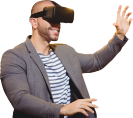 Digital png photo of happy caucasian businessman wearing vr headset on transparent background
