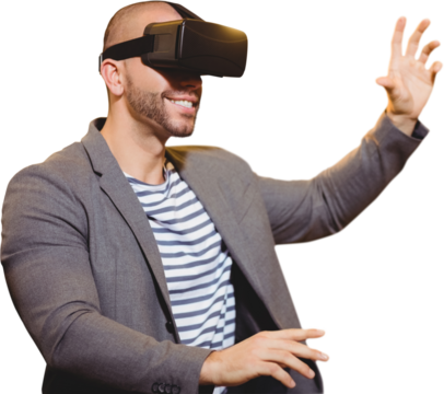 Digital png photo of happy caucasian businessman wearing vr headset on transparent background