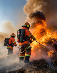 山火事と戦う消防士たち - obrazy, fototapety, plakaty
