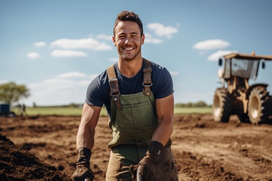 photograph of Young farmer smiled happily. Using with a tablet on the plowed ground.