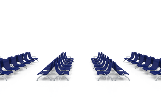 Digital png illustration of rows or blue and silver seats on transparent background
