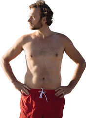 Digital png photo of caucasian man in shorts looking side, hands on hips on transparent background