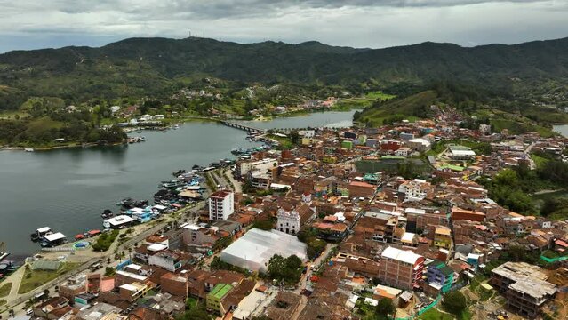 Drone shot approaching the church in the Guatape village, in Antioquia, Colombia