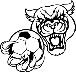 A panther cougar or jaguar cat animal sports mascot holding soccer football ball