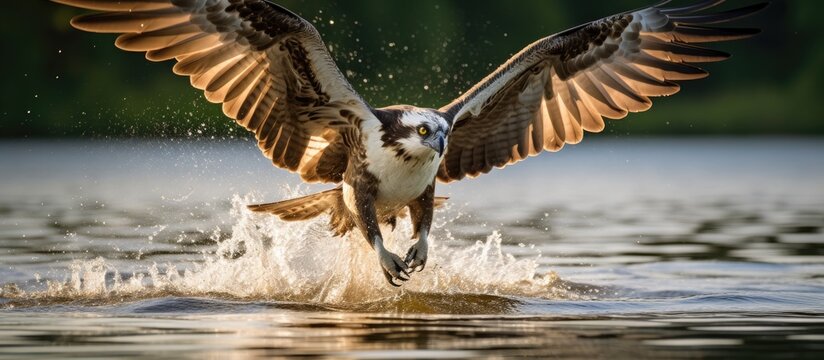 In Western Pomerania, Country, amidst the picturesque landscape of Lake Kummerow, the majestic Osprey, Pandion haliaetus, takes flight with skilled precision, scanning the waters below for fish, its