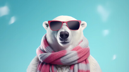 Hand drawn cartoon illustration of cute polar bear wearing scarf
