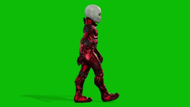 Grey female alien wearing a space suit walking on green screen, seamless loop 3D animation, side view